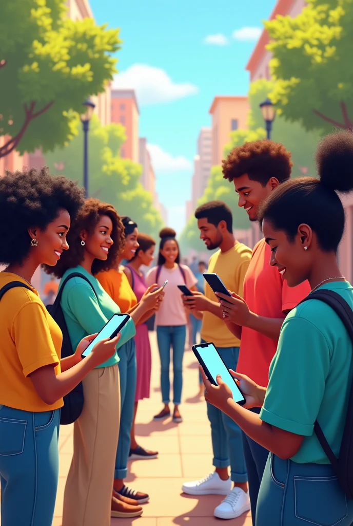 Groups of people with different morphological characteristics giving information through a survey by cell phone , animated image