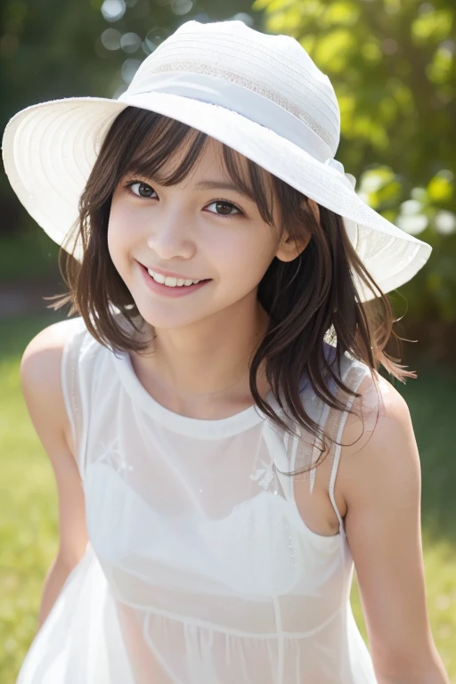 (8k), (masterpiece), (High resolution), (Realistic:1.4), Japanese, 1 girl, (((:1.5))), Childish:1.2, Facing forward, (smile:1.3), happy, ((cute:1.5)), Innocent, (innocent), kind, Elegant:1.4, Double eyelids:1.2, (Dark Eyes), Beautiful eye and skin details:1.5, (Realistic skin texture:1.5), High nose:1.1, (((White camisole dress:1.5))), ((White clothes:1.5)), (See-through clothing:1.5), (Décolletage:1.2), Black Hair, Hair blowing in the wind, Child body type:1.3, (Slender), summer, noon, bright, coastal, Flower crown:1.4, Primary school students, Middle school students, detail fingers, detail arms, detail eyes