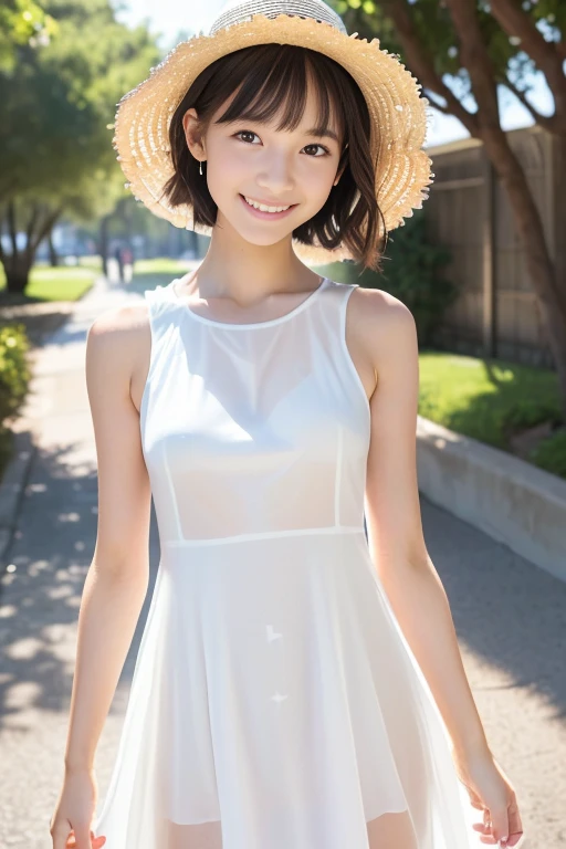 (8k), (masterpiece), (High resolution), (Realistic:1.4), Japanese, 1 girl, (((:1.5))), Childish:1.2, Facing forward, (smile:1.3), happy, ((cute:1.5)), Innocent, (innocent), kind, Elegant:1.4, Double eyelids:1.2, (Dark Eyes), Beautiful eye and skin details:1.5, (Realistic skin texture:1.5), High nose:1.1, (((White camisole dress:1.5))), ((White clothes:1.5)), (See-through clothing:1.5), (Décolletage:1.2), Black Hair, Hair blowing in the wind, Child body type:1.3, (Slender), summer, noon, bright, coastal, Flower crown:1.4, , Middle school students,l arms, detail eyes