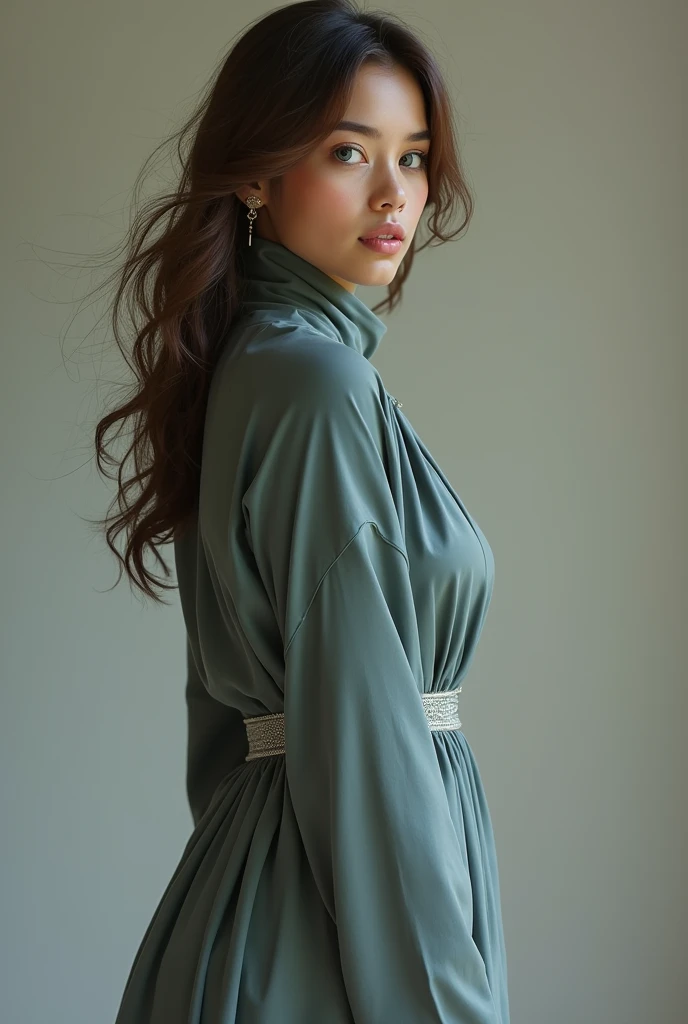 White girl with blue eyes, brown hair, slim body showing off her big round butt wearing an abaya that shows the details of her butt and a hijab