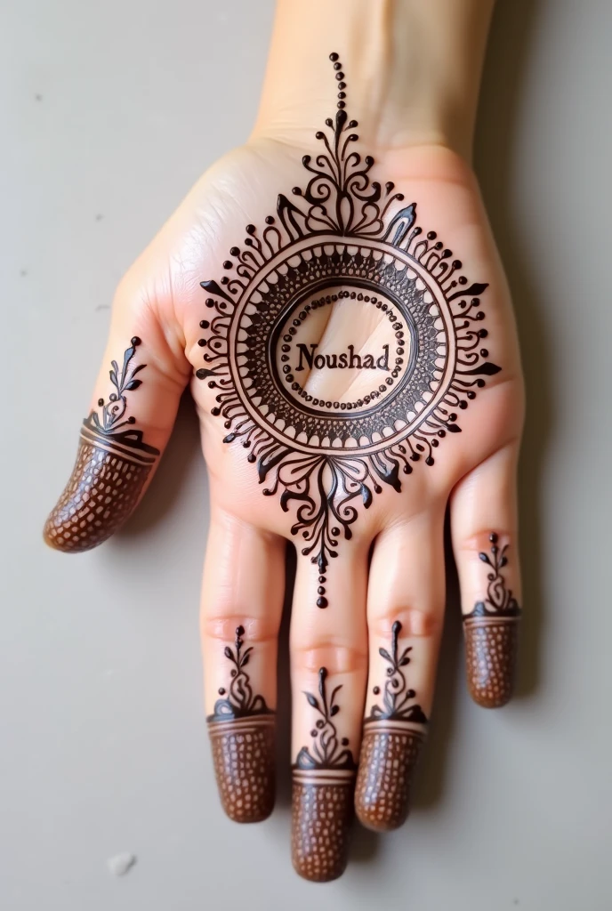 Henna design with name noushad in palm