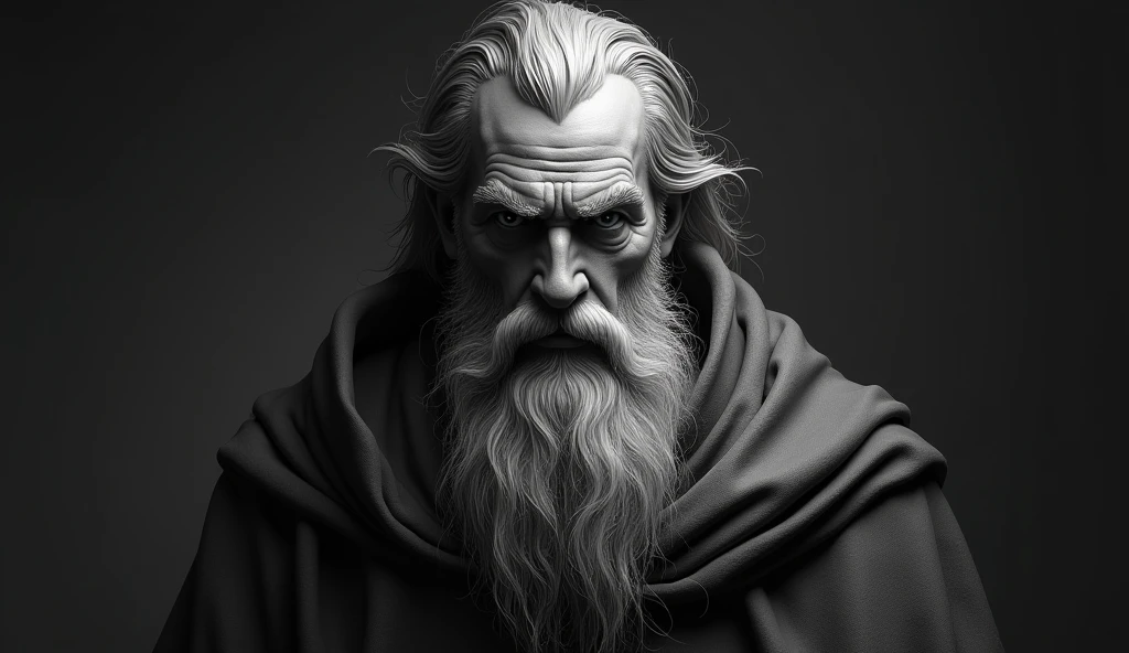 A very stern looking stoic philosopher with long beard and hair and sharp facial features. Make the theme black and white. Make it vibrant and hyper realistic.