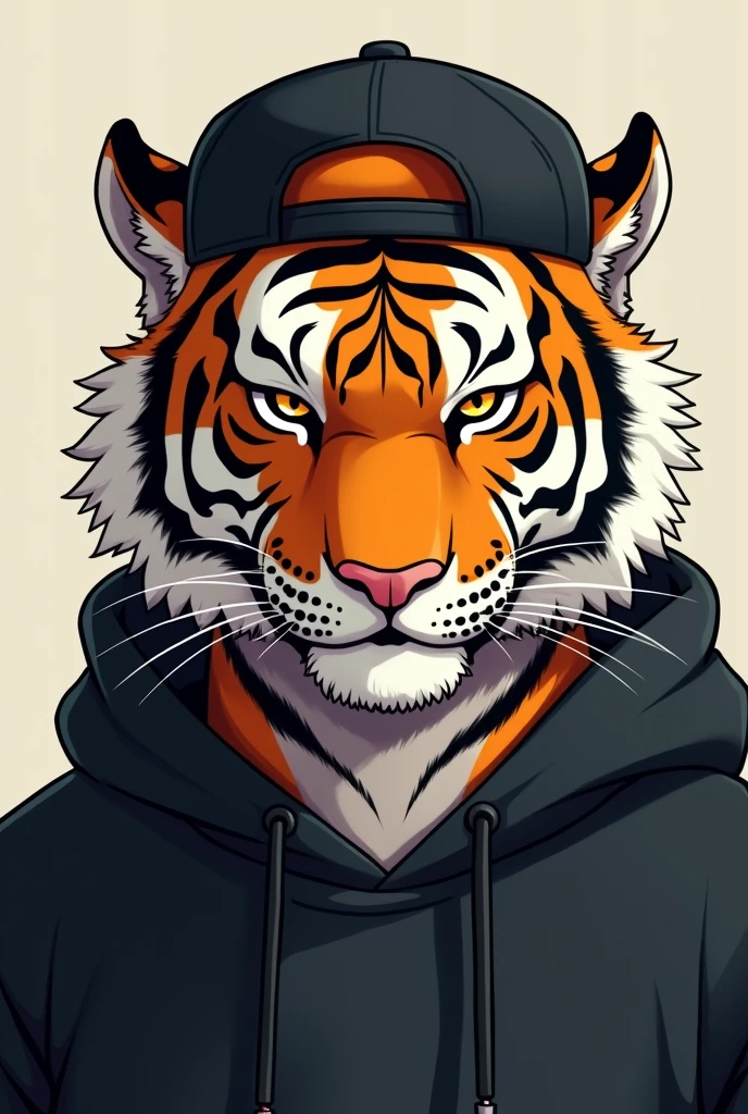 a cartoon tiger looking at the camera wearing a backwards black cap and a black sweatshirt, serious anime drawing, more adult,