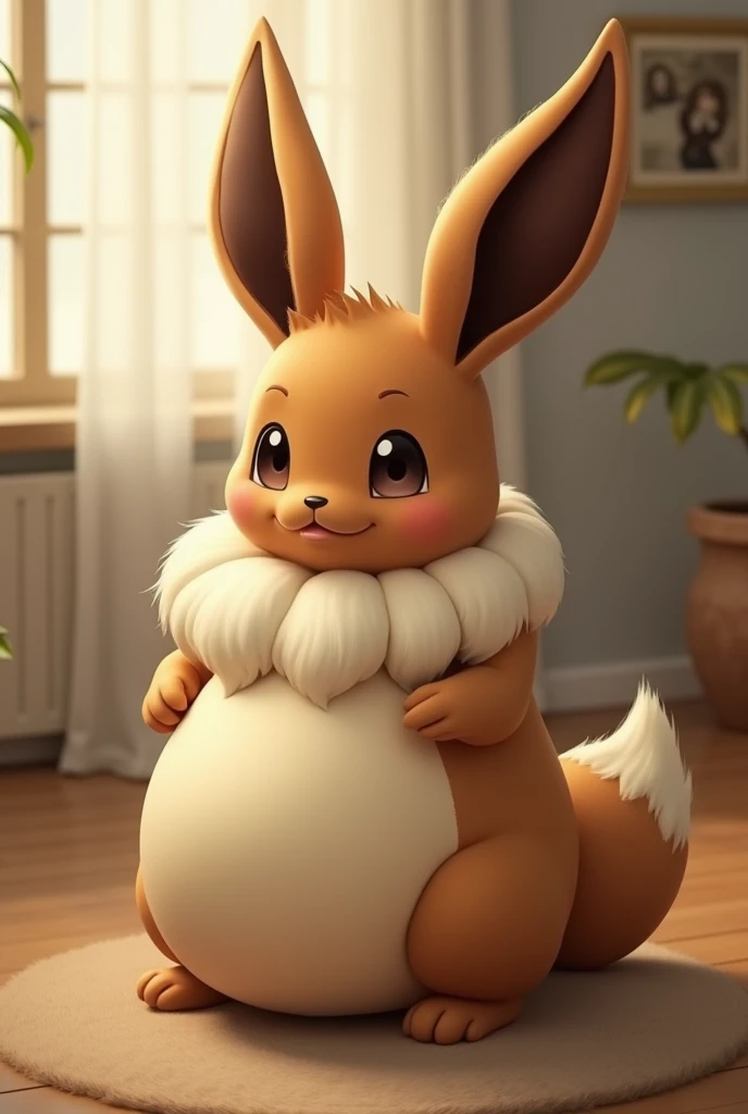 An anthropomorphic pregnant eevee with a very, very huge belly, , being the size of a house