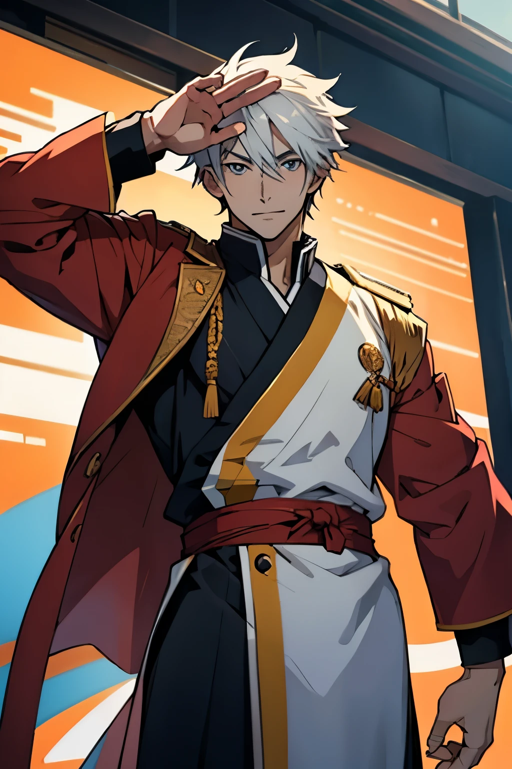 handsome anime boy saying hello with waving his hands