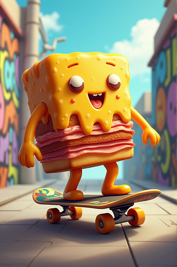 A ham and cheese cake riding a skateboard