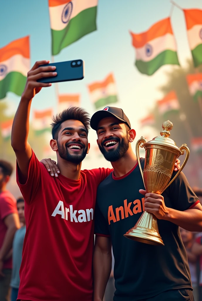 - A 20 Years old Pti fan Young Boy Wearing Red Black Colour T-shirt With Name “Ankan is written, boy standing with virat and virat take a ipl trophy, The boy is holding a iphone 15 pro max mobile and taking a selfie with him, indian Flags are Flying in the Back of them , 3D art painting Realistic photo