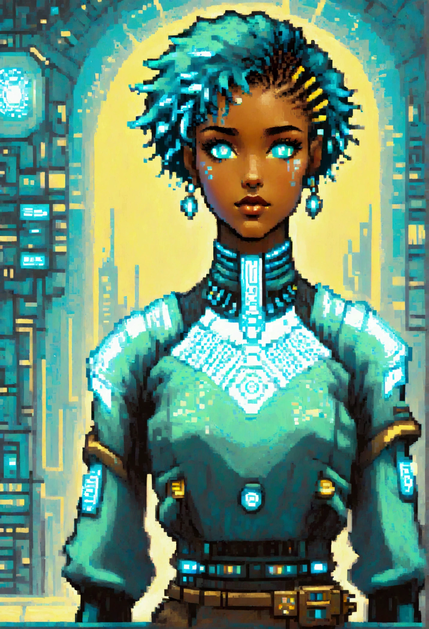 Imagine a young woman with brown skin and short curly hair in a Chanel style.,  that are smoothly aligned around the face. She is dressed in a futuristic and cyberpunk look., wearing a large sweater, that adds a touch of cool and modern style. In front of you, there is a stylized cocktail, which reflects the sophisticated environment in which it finds itself.

His facial expression is neutral, but a slight, almost imperceptible smile shines through, revealing a touch of serenity and introspection. The surrounding scenery is a utopian landscape with futuristic elements., with colors and shapes that evoke a sense of technological advancement and harmony. The young woman observes the environment with a calm presence, absorbing the unique atmosphere of the place.