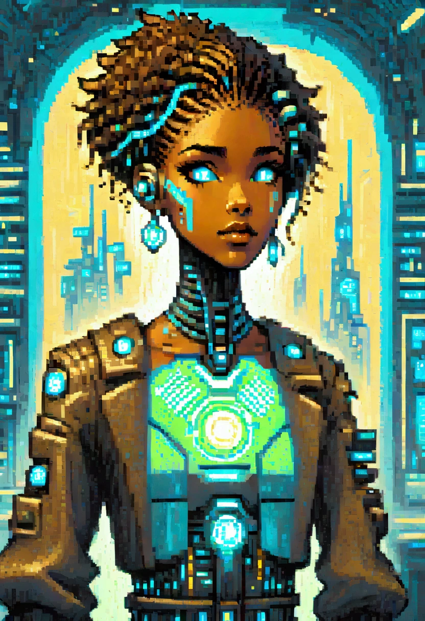 Imagine a young woman with brown skin and short curly hair in a Chanel style.,  that are smoothly aligned around the face. She is dressed in a futuristic and cyberpunk look., wearing a large sweater, that adds a touch of cool and modern style. In front of you, there is a stylized cocktail, which reflects the sophisticated environment in which it finds itself.

His facial expression is neutral, but a slight, almost imperceptible smile shines through, revealing a touch of serenity and introspection. The surrounding scenery is a utopian landscape with futuristic elements., with colors and shapes that evoke a sense of technological advancement and harmony. The young woman observes the environment with a calm presence, absorbing the unique atmosphere of the place.