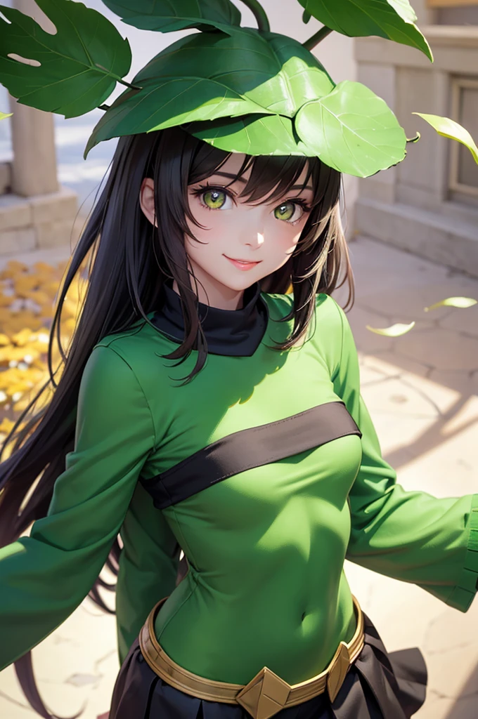 Hq,beautiful girl, leaf hat inspired, leaf hat, green and yellow eyes, detailed eyes, detailed anatomy , perfect anatomy, image, perfect ilumination, black long hair,smiling,looking at the camera ,full body, normal outfit, pretty outfit, beautiful, anime retro style, jojos posing