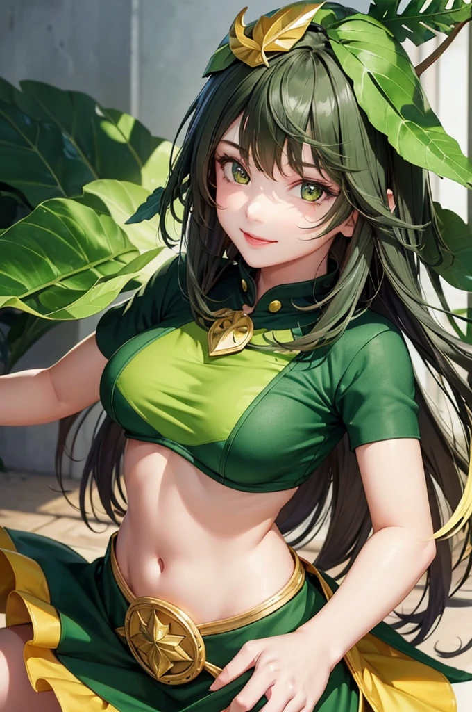 Hq,beautiful girl, leaf hat inspired, leaf hat, green and yellow eyes, detailed eyes, detailed anatomy , perfect anatomy, image, perfect ilumination, black long hair,smiling,looking at the camera ,full body, normal outfit, pretty outfit, beautiful, anime retro style, jojos posing