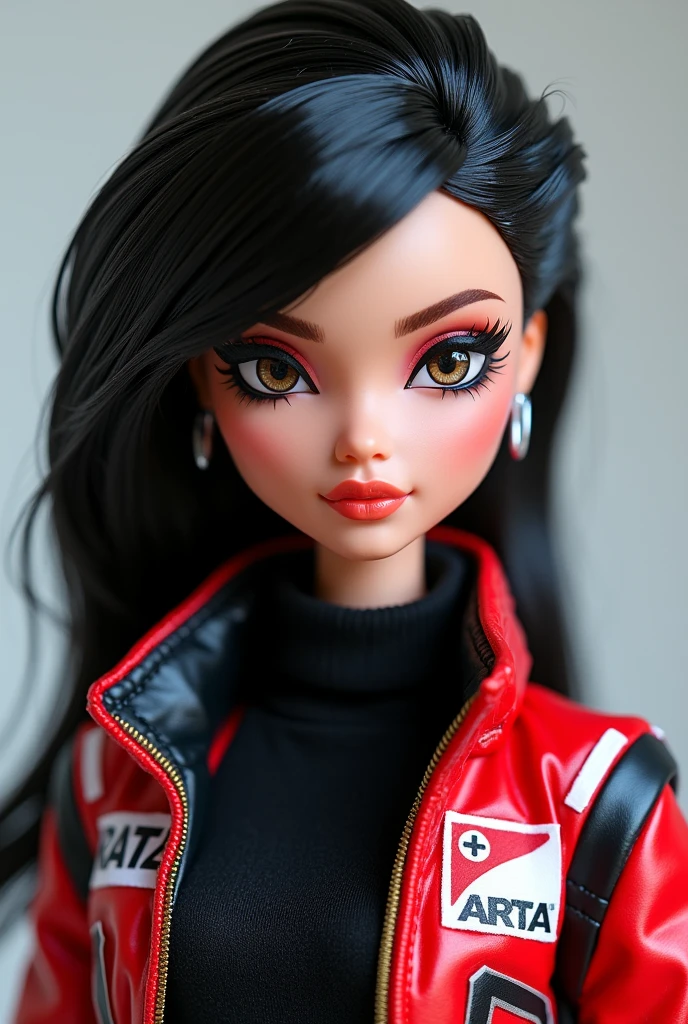 Bratz doll with dark brown eyes and white skin and dark black hair with black top and formula one jacket
