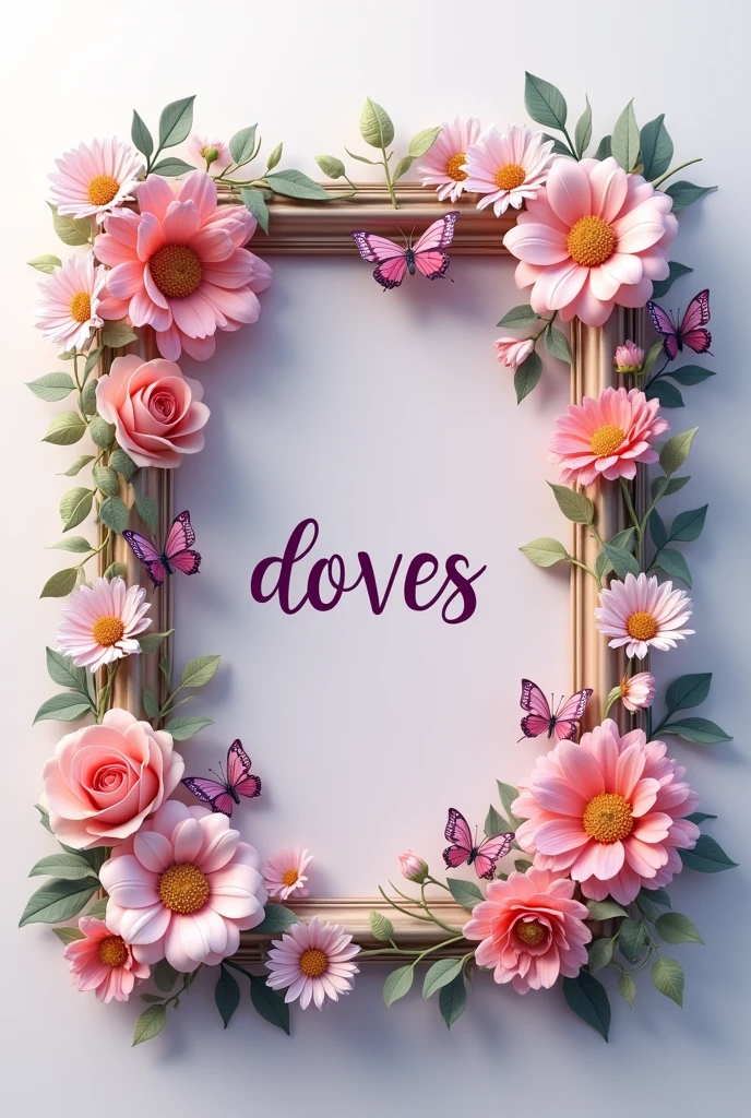 A 3d render of a square frame decorated with different flowers, butterflies, in frame. "D love S" written in Capital alphabets in purple color, The background is a light gray.