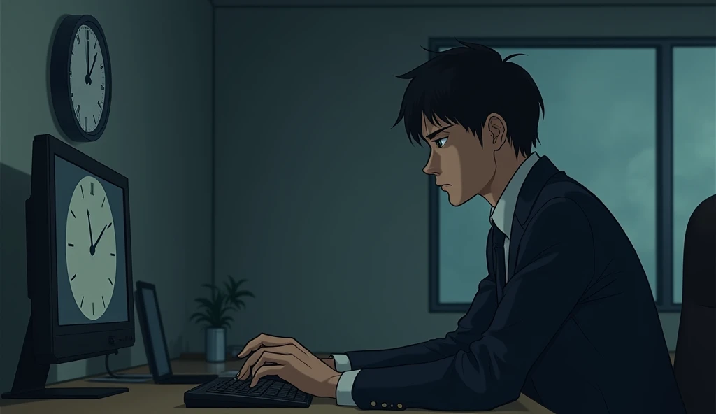 A Japanese salaryman looks up at the wall clock in the office, which shows 9 PM. The scene is realistic, with the late hour reflected in the tiredness on his face. The salaryman, dressed in a suit, glances at the clock from his desk, with the background showing a quiet office and partially dimmed lights. The clock’s hands indicate the late hour, conveying the length of the overtime