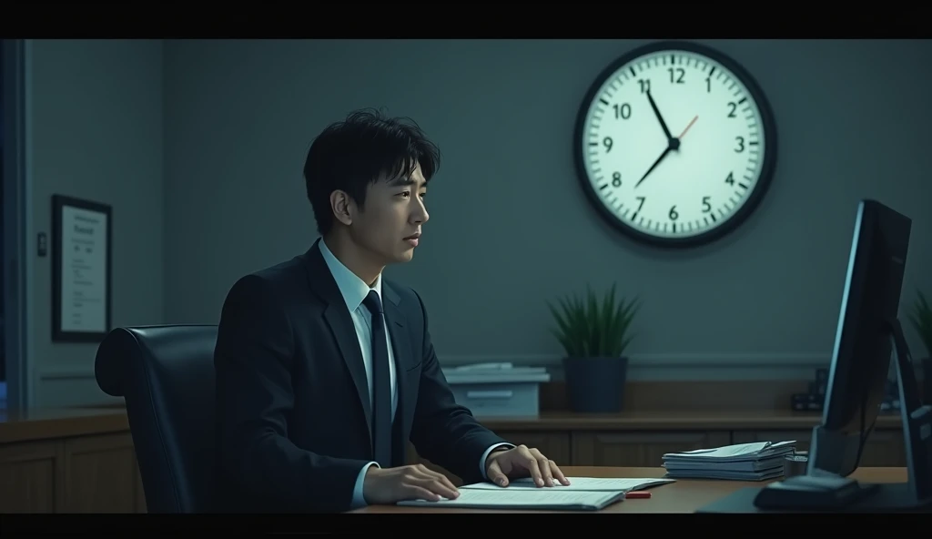 A Japanese salaryman looks up at the wall clock in the office, which shows 9 PM. The scene is realistic, with the late hour reflected in the tiredness on his face. The salaryman, dressed in a suit, glances at the clock from his desk, with the background showing a quiet office and partially dimmed lights. The clock’s hands indicate the late hour, conveying the length of the overtime