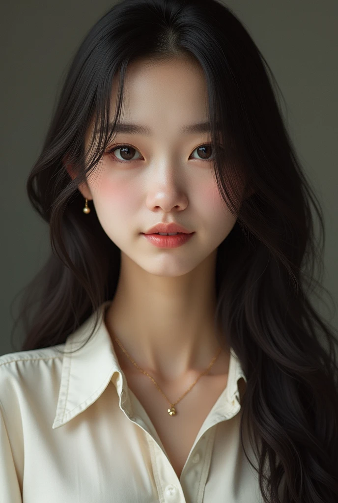 masterpiece, best quality, photorealistic, raw photo, 1girl, long hair, medium breast, collared blouse, light smile, detailed skin, pore, simple background
