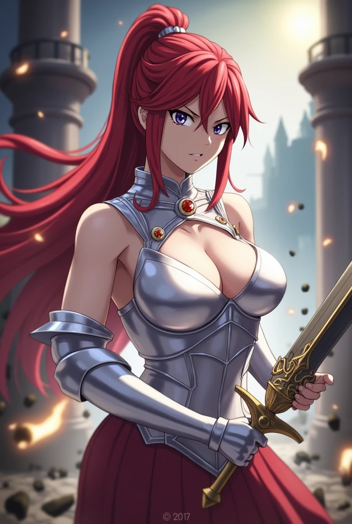 Here is a detailed prompt to create an image of Erza Scarlet:
(Erza Scarlet:1.4), (Fairy tale:1.4), (masterpiece:1.4, Best Quality), (((realistic photo:1.4))), fierce and determined expression, Dynamic battle pose, sporting his iconic armor with intricate detailing, (armor glowing with magical energy:1.2), long, flowing scarlet hair, wielding a massive sword with a beautifully decorated hilt, (sharp and intense gaze:1.2), (A powerful aura surrounds her:1.2), (Background of a battlefield with debris and flames:1.2), (Dramatic lighting with strong contrasts:1.2), vibrant colors, Rich textures, Highly detailed armor and weapons, (dynamic composition with movement and energy:1.2), (deep reds:1.2), (Metallic silver:1.2), High quality and detailed, (epic and powerful atmosphere:1.2), Captivating and commanding presence, Perfect image quality, iconic and recognizable, strong sense of action and intensity