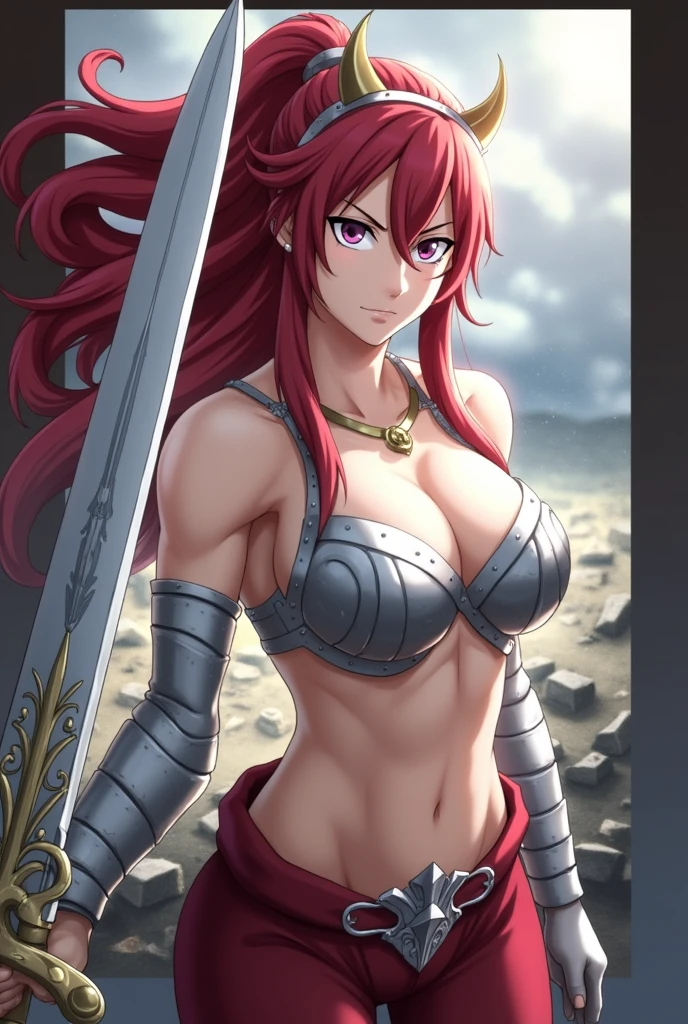 Here is a detailed prompt to create an image of Erza Scarlet:
(Erza Scarlet:1.4), (Fairy tale:1.4), (masterpiece:1.4, Best Quality), (((realistic photo:1.4))), fierce and determined expression, Dynamic battle pose, sporting his iconic armor with intricate detailing, (armor glowing with magical energy:1.2), long, flowing scarlet hair, wielding a massive sword with a beautifully decorated hilt, (sharp and intense gaze:1.2), (A powerful aura surrounds her:1.2), (Background of a battlefield with debris and flames:1.2), (Dramatic lighting with strong contrasts:1.2), vibrant colors, Rich textures, Highly detailed armor and weapons, (dynamic composition with movement and energy:1.2), (deep reds:1.2), (Metallic silver:1.2), High quality and detailed, (epic and powerful atmosphere:1.2), Captivating and commanding presence, Perfect image quality, iconic and recognizable, strong sense of action and intensity