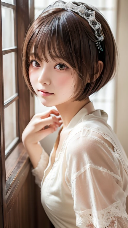 Highest quality, Face Focus, Soft Light, Ultra-high resolution, (Realistic:1.4), RAW Photos,
One of the Japan, alone, cute, (pupil, light in your eyes), Beautiful face in every detail, (Maid clothes、Headdress、Very fine lace),(High resolution detail of human skin texture),白と黒のゴシックのMaid clothes、
(Bobcut)、Loose and fluffy hair、
indoor,
cardigan、sheer
(Portraiture)
