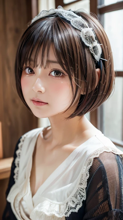 Highest quality, Face Focus, Soft Light, Ultra-high resolution, (Realistic:1.4), RAW Photos,
One of the Japan, alone, cute, (pupil, light in your eyes),  Beautiful face in every detail, (Maid clothes、Headdress、Very fine lace),(High resolution detail of human skin texture),白と黒のゴシックのMaid clothes、
(Bobcut)、Loose and fluffy hair、
indoor,
cardigan、sheer
(Portraiture)