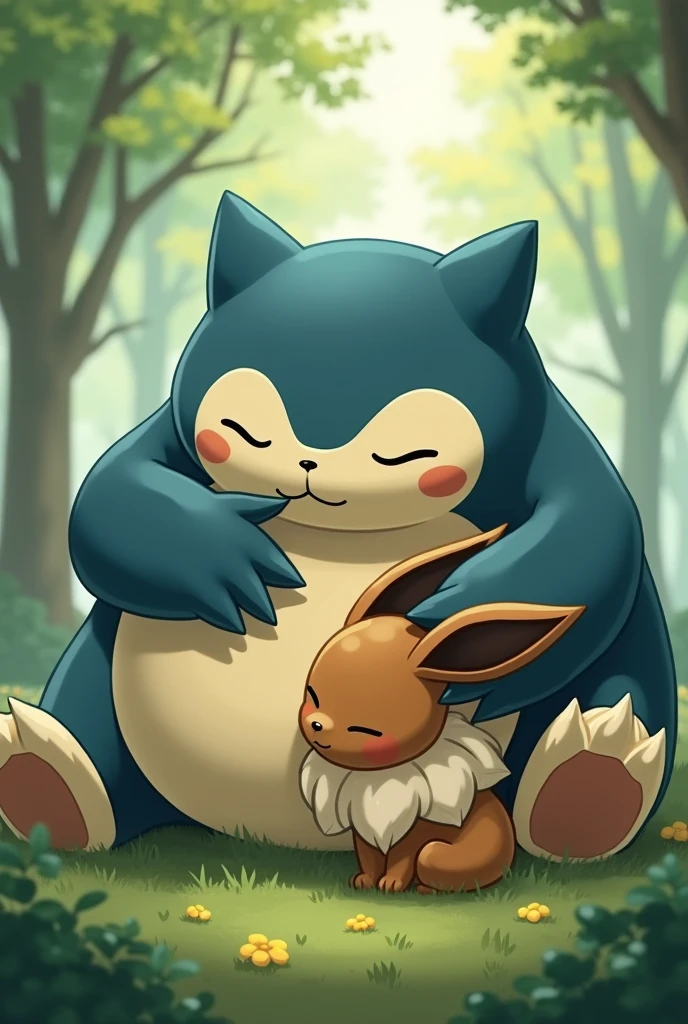 Snorlax and Eevee hugging 