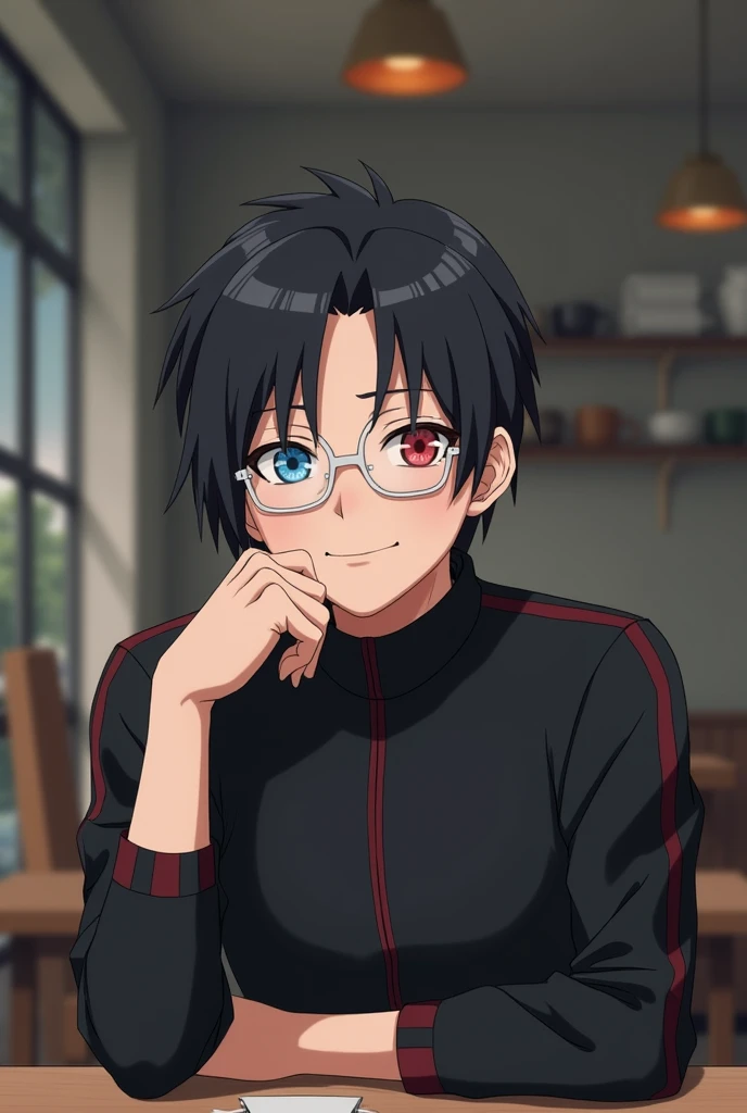 A handsome realistic guy who is sitting on a chair in front of desk has white glasses and sharingan also wearing akatsuki clan's uniform of naruto anime and has short black hair to show his two finger under chin with little smile face in grey coffee shop