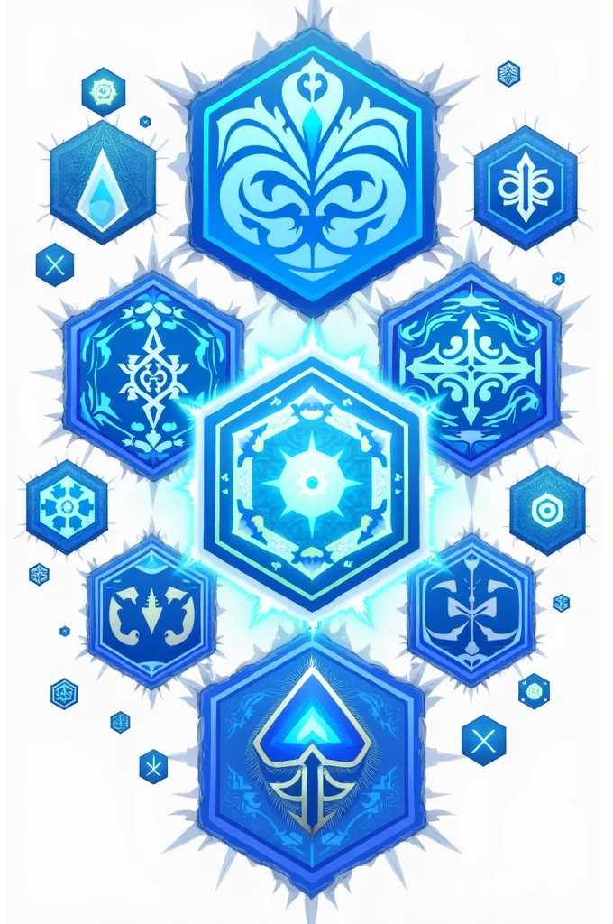 Enchanted Hexagon Prints Magic With Magic Signs For Game Blue Color, without people, Background white, in anime style 2d