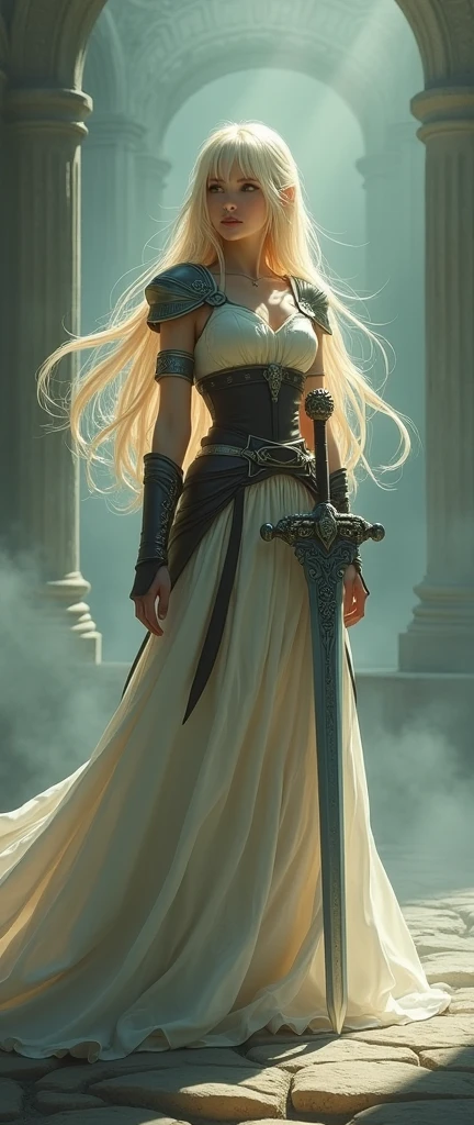 Game theme Final Fantasy. A blonde girl standing，Image of her favorite sword in hand , Soft colors, With a dramatic tone. A masterpiece in the highest resolution , Image type Semi-realism