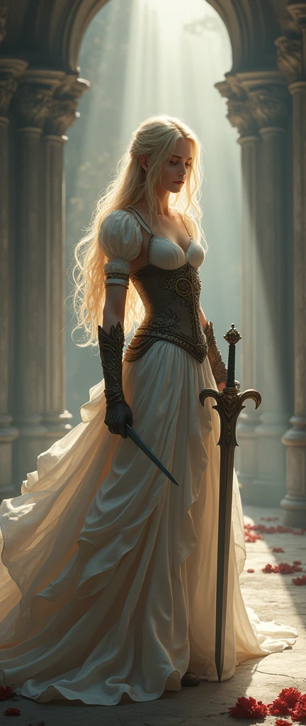 Game theme Final Fantasy. A blonde girl standing，Image of her favorite sword in hand , Soft colors, With a dramatic tone. A masterpiece in the highest resolution , Image type Semi-realism