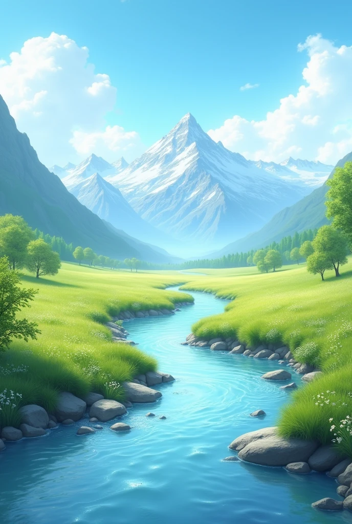 Create a full HD landscape image suitable for the heading of a website drinking water delivery "swachneer". The image should evoke freshness and purity, featuring elements like clean drinking water, serene landscapes, clear skies, or a pristine environment. Incorporate subtle imagery of water droplets or a flowing stream to align with the theme of drinking water delivery."