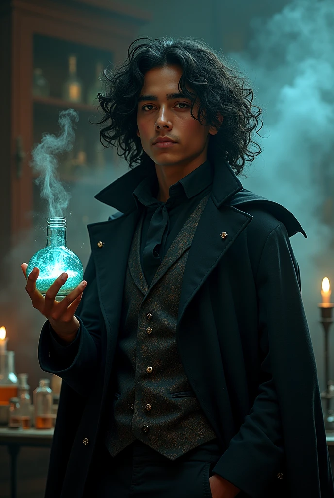 A potrait of a bisexual 1 teen boy genius with no facial hair alchemist poet of indian-europian ethnicity without facial hair with glasses and lush long fuzzy puffy hair like newton that reaches his shoulders like newton holding a chemical flask  wearing a flamboyant androgynous black dress like French royalty like Maleficent with a lavish suit that has a long trail a laboratory with brown hazel eyes and a mysterious curious look in a dark magical gothic atmosphere having  glowing chemistry magic engulfing him