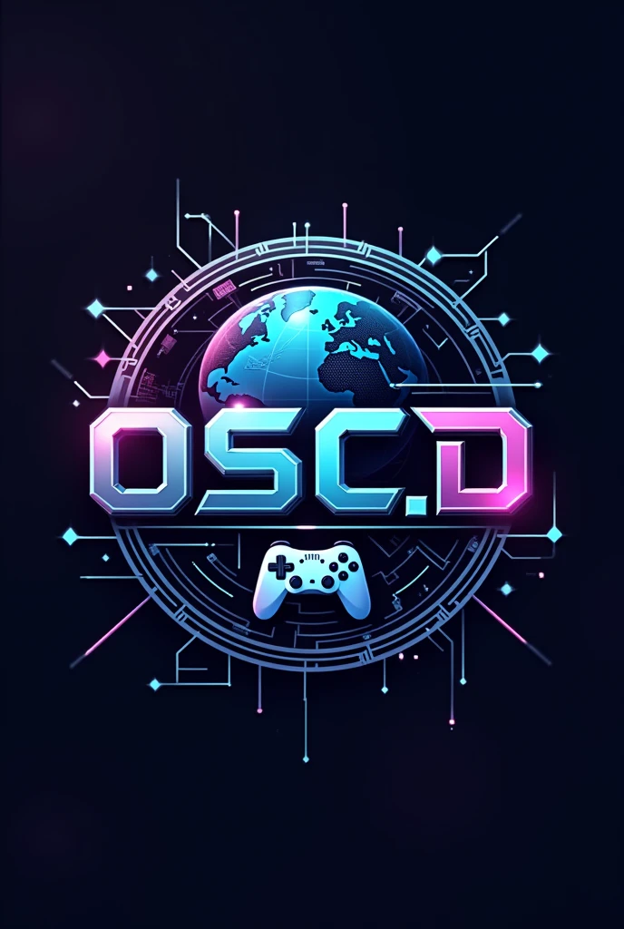 A logo for a digital culture and esports organization called O.s.c.D. I want the organization&#39;s letters with a robot theme in the logo/futurista que diga OscD. Above the letters there should be a circle and in the center a world but with a digital theme but in the middle there is a video game control and elements that refer to digital culture. 