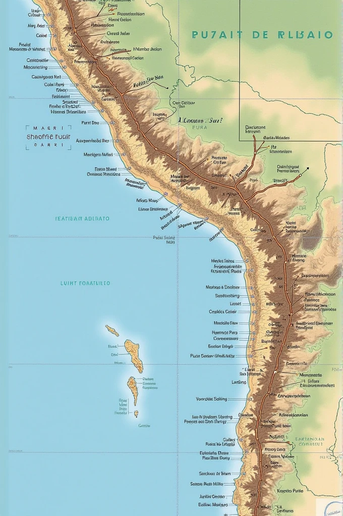 A detailed map of the Peruvian and Chilean coast, marking the main ports and strategic points. You must also identify the sea and land routes that could have been used during the Pacific War campaign..