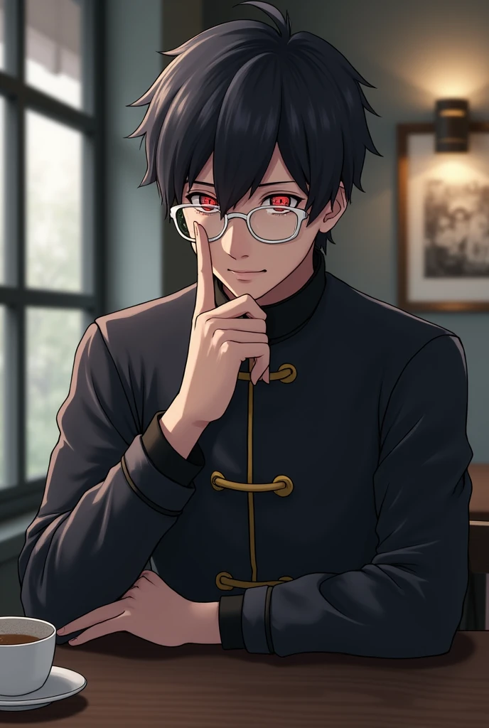 A handsome much realistic guy who is sitting on a chair in front of desk has white glasses and sharingan also wearing akatsuki clan's uniform of naruto anime and has short black hair to show his two finger under chin with little smile face in grey coffee shop