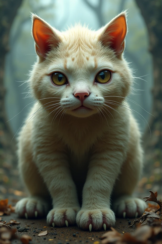 An animal with a cat's body, a rhinoceros' hand and alcohol eyes