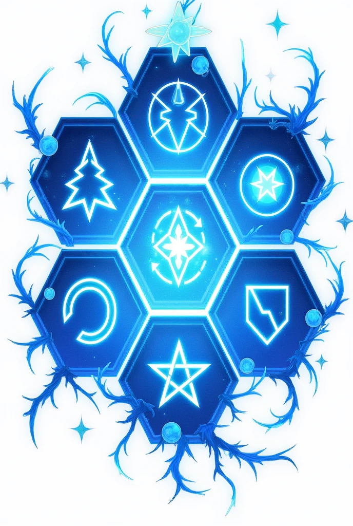 Enchanted Hexagon Prints Magic With Magic Signs For Game Blue Color, without people, Background white, in anime style 2d