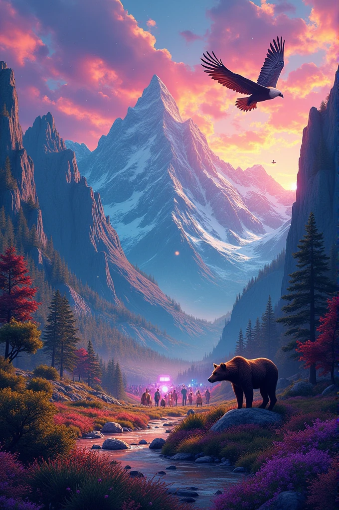 Can you please make me a psychedelic background in which you can see wild animals among the mountains to the sounds of soaring music and a connection to nature and the earth and an eagle flying in the sky and a party with lights and happy people behind the mountains