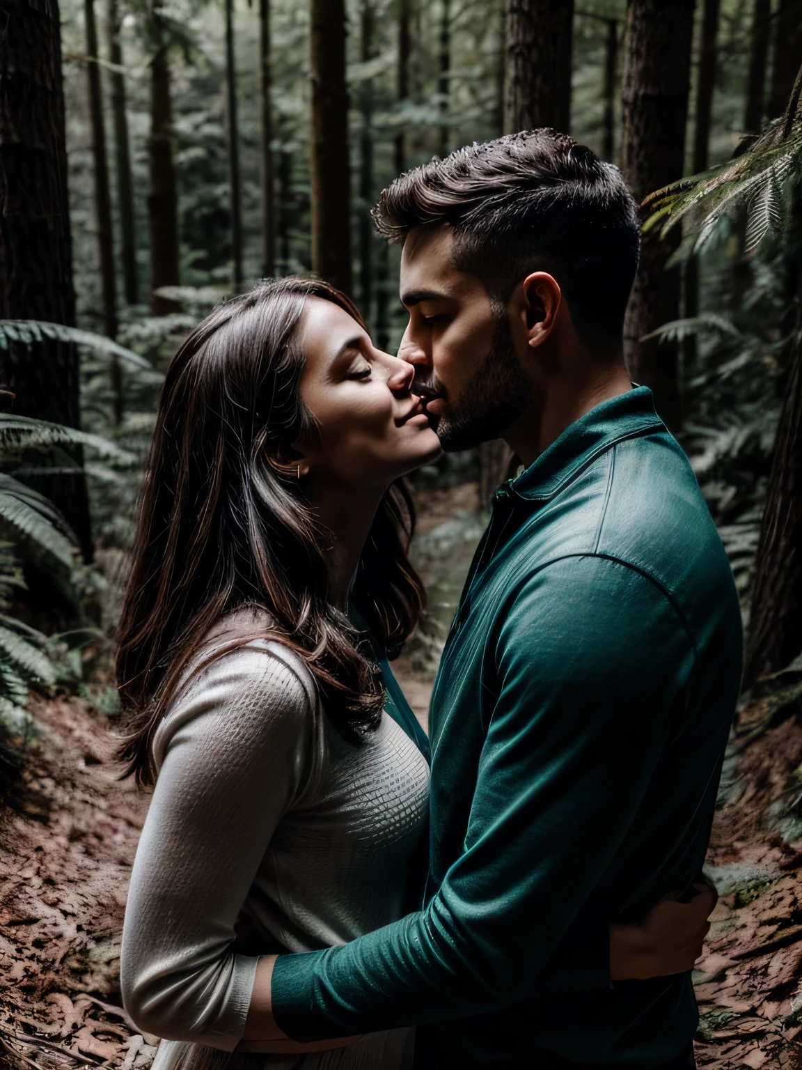 man and woman kissing in the middle of a forest behind a bush