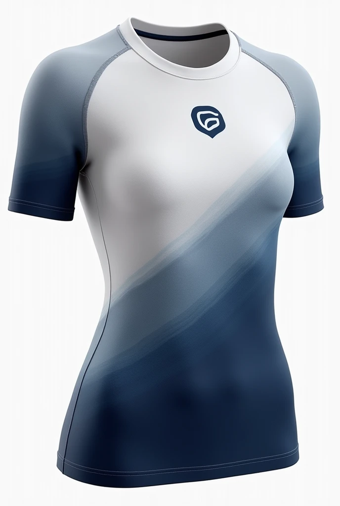 Create a sports t-shirt for women with white and navy blue gradient colors, with the logo of the skating school grow, take the kyrios brand as a reference