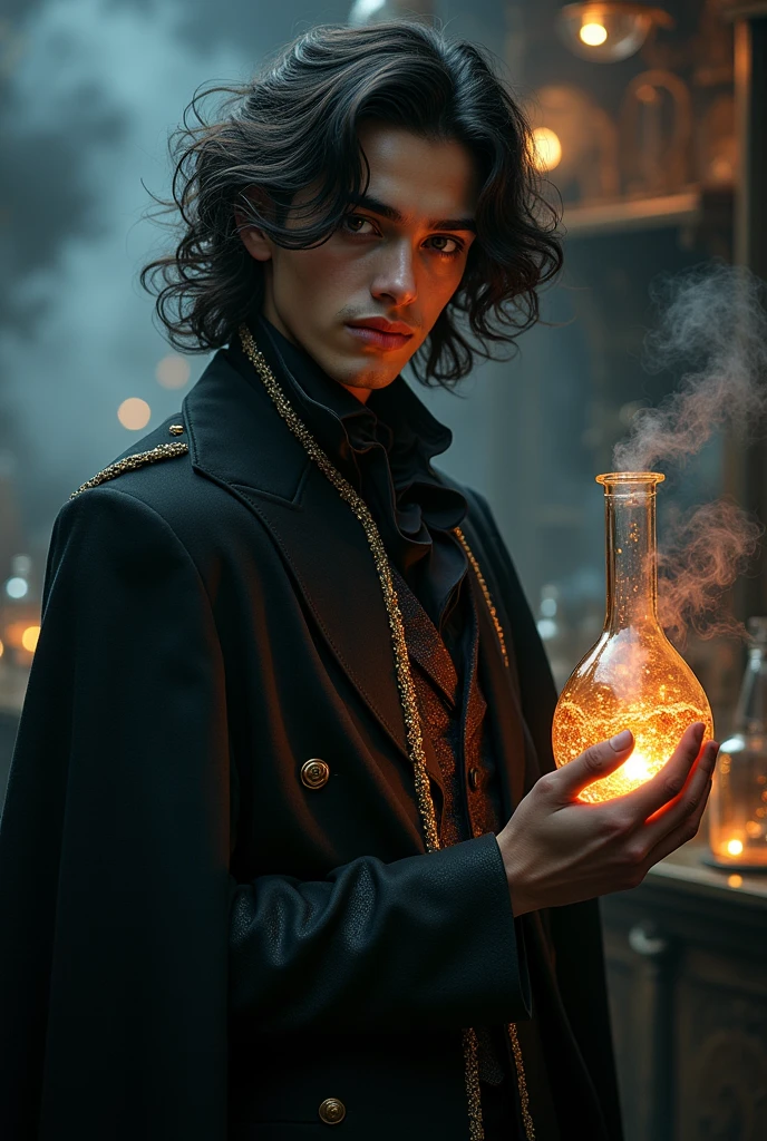 A potrait of a bisexual 1 teen boy genius alchemist poet of indian-europian ethnicity without facial hair with glasses and fuzzy puffy hair that reaches his shoulders like newton holding a chemical flask wearing a flamboyant androgynous black dress like French royalty like Maleficent a laboratory with brown hazel eyes and a mysterious curious look in a dark magical gothic atmosphere having chemistry magic engulfing him