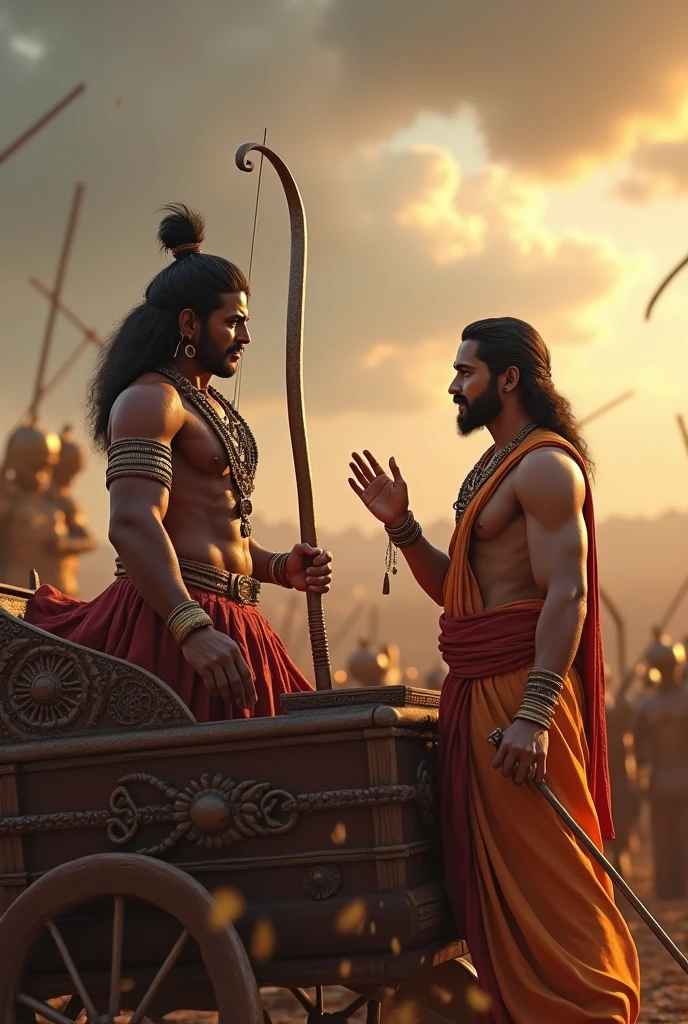 Create a cinematic highly detailed 3D image of a scene from the Mahabharata set on the battlefield of Kurukshetra. The image should depict Arjuna, a warrior prince, standing in his chariot with a bow in his hand. He looks conflicted and hesitant, torn between his duty as a warrior and his moral dilemma. Lord Krishna, serving as Arjuna's charioteer, is beside him, offering wisdom and guidance with a calm and divine expression. The background should feature a vast battlefield with armies, chariots, and weapons scattered across the landscape, all under a dramatic and intense sky. The overall scene should capture the epic scale, the emotion, and the spiritual depth of this pivotal moment in the story"