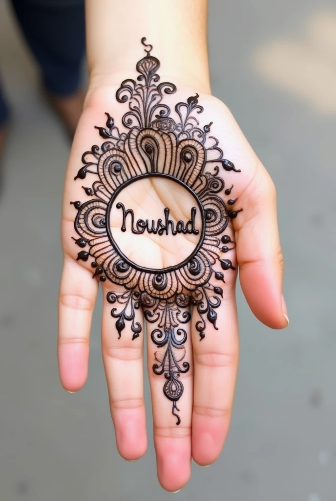 Henna design with name noushad in palm