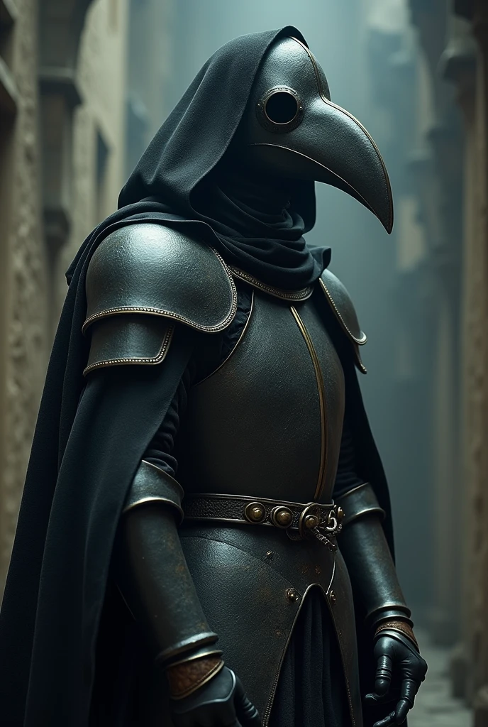 ((perfect anatomy:1.2,realistic:1.3,RAW Photography:1.3,masterpiece、highest quality、Ultra - High resolution、High resolution、Highly detailed CG、8K)), This artwork should be hyper-realistic, capturing every detail with stunning clarity, image of a Middle age brunette female plague doctor, Full body, very detailed armor, plague doctor mask,The outfit should be alluring ,overly revealing, unzipped:1.2, ((costume is unzipped )), narrow waist, wide hips ((bare chest)), slender body, thigh gap, skinny, (oily skin,gleaming skin,pale skin,sweat:1.2),