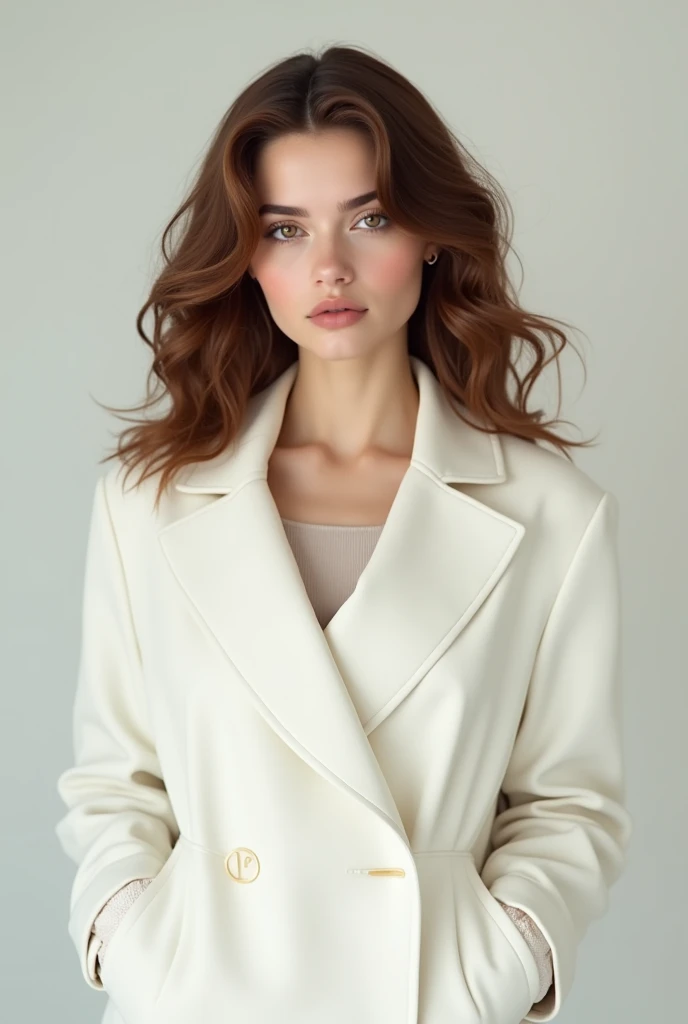 white girl with medium curly hair , wearing a white coat
