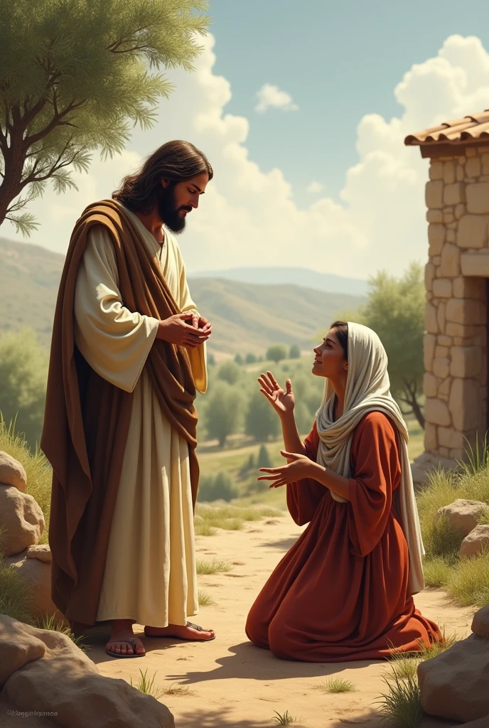 Create 10 images of Jesus with the woman who asks him to heal her daughter