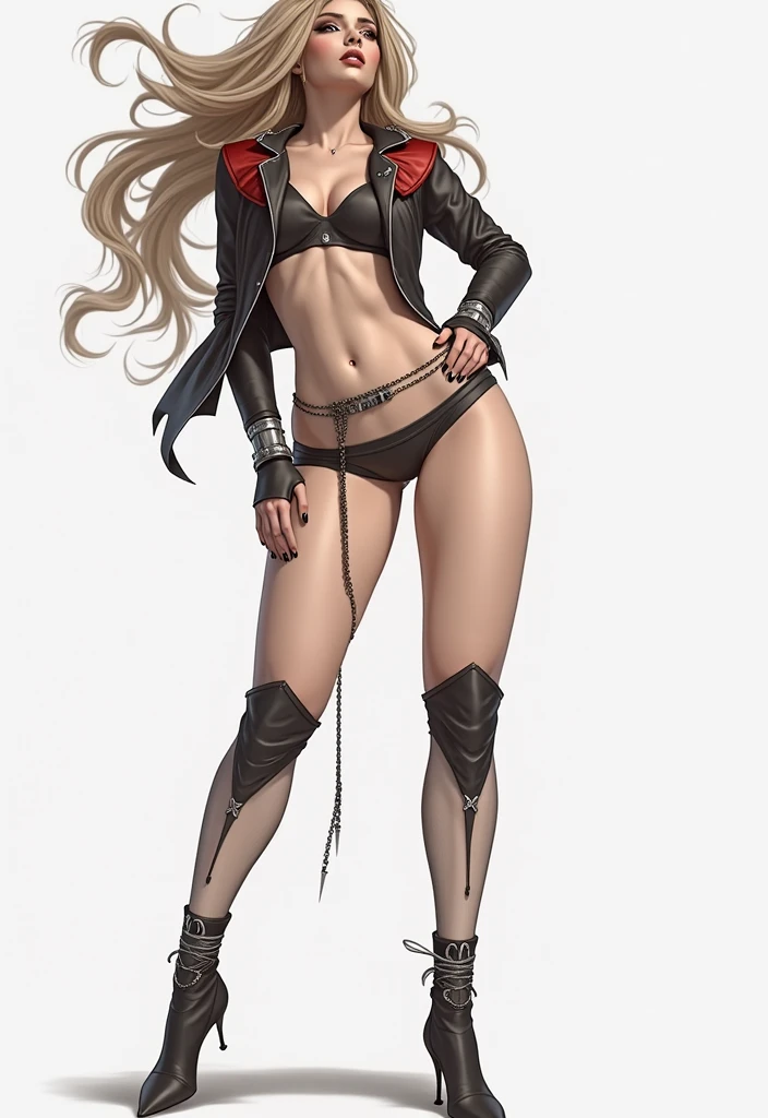 8K, Top Quality, Intricate Details, Ultra Detail, Ultra High Resolution, Masterpiece, full body, Very tall, dark skinned female elf; slender, blonde hairs and incredible long ponytail; strong makeup; brown eyes; small pointy breast; sensual midriff; wearing superhighplatform sandals, jewelery, necklace, earrings, black bikini top, short leather jacket, thongs with a lot of strings, leather skirt, long fingernails; gloves, rings, best quality, expressive eyes, perfect face, masterpiece, slim body, very long legs, detailed stomach, detailed hips, detailed legs, carefully drawn toes, carefully drawn feet, carefully drawn hands, best quality, drawn with careful, Dynamic Angle, Highly detailed, seductive eyes, NTR