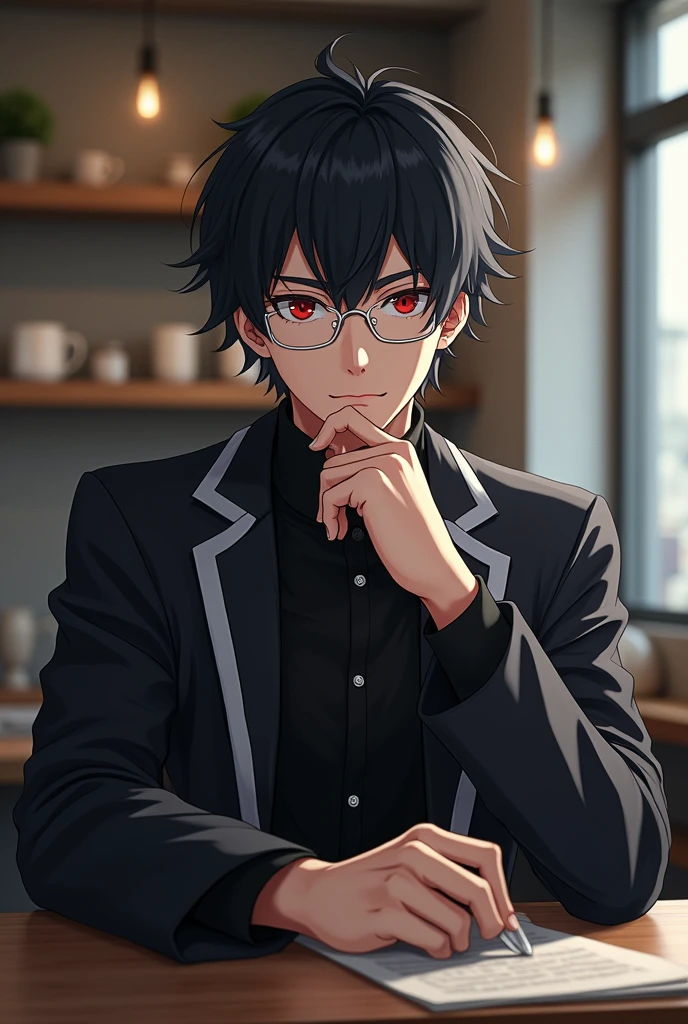 A handsome much realistic guy who is sitting on a chair in front of desk has white glasses and sharingan also wearing akatsuki clan's uniform of naruto and has short black hair to show his two finger under chin with little smile face in grey coffee shop