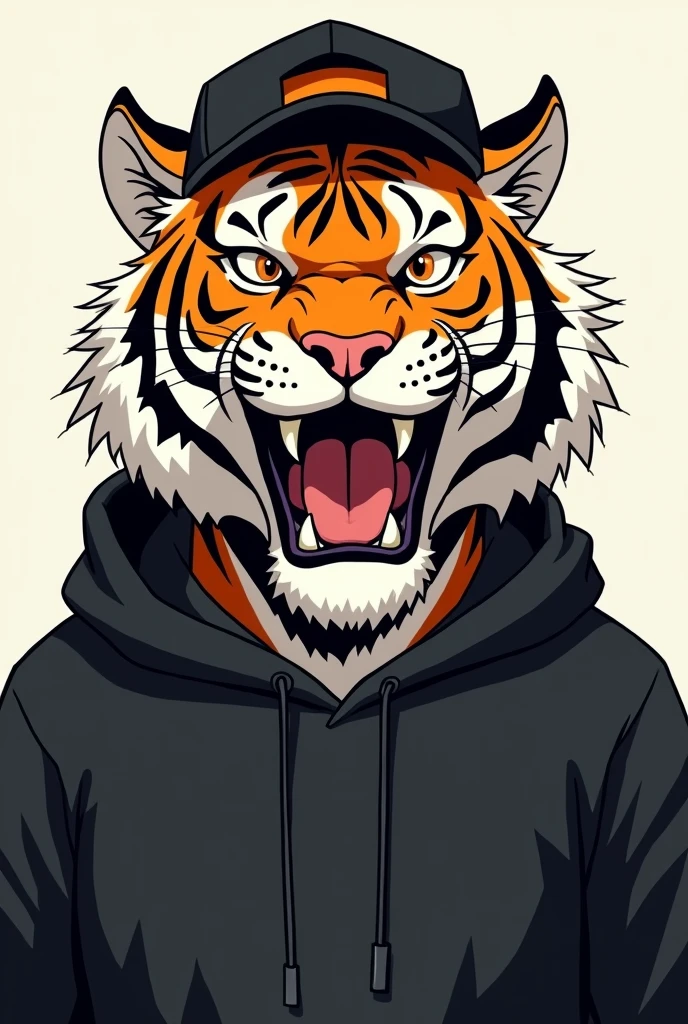 a cartoon tiger looking at the camera wearing a backwards black cap and a black sweatshirt, serious anime drawing, more adult, gaping mouth