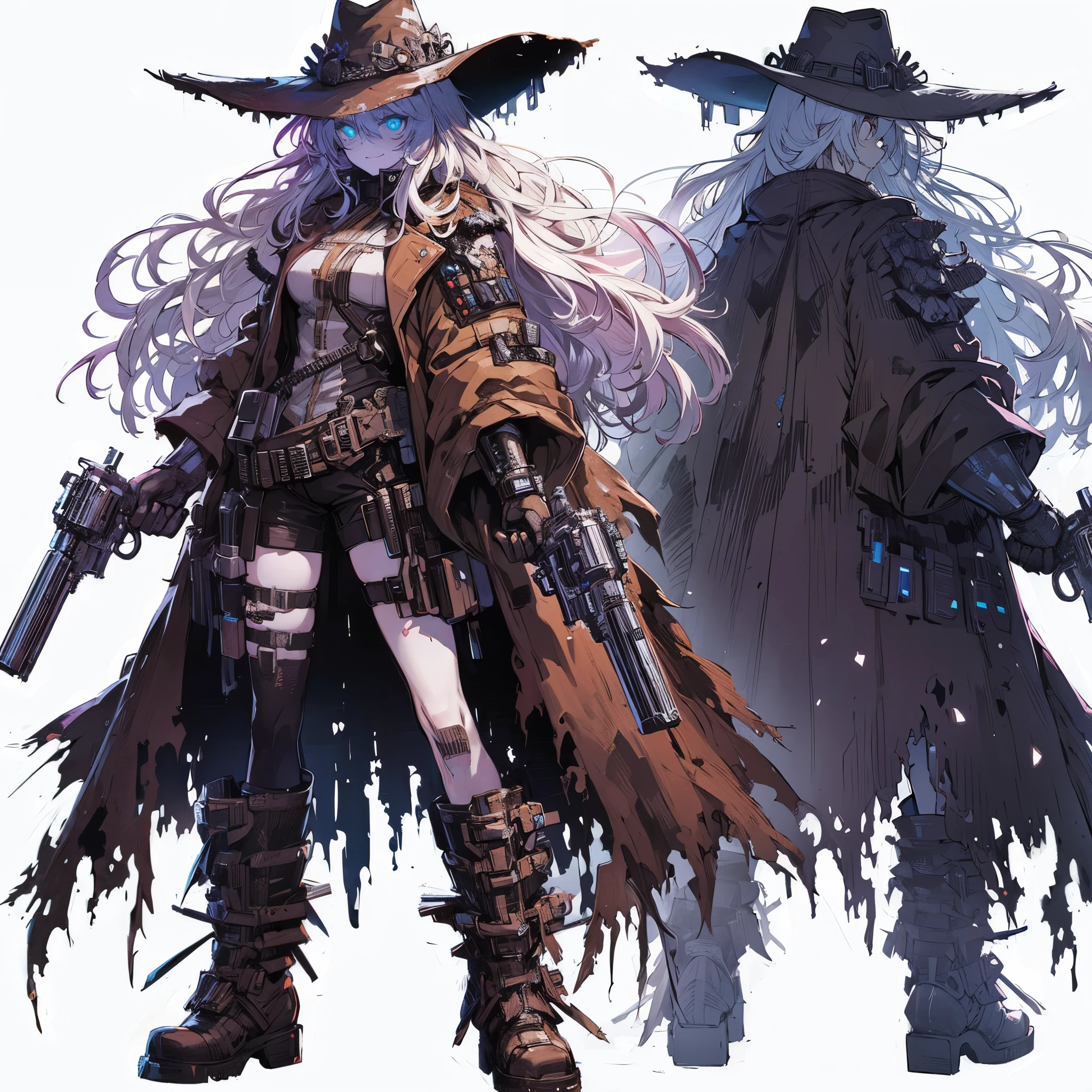 (masterpiece, Best Quality), (detailed hairs), Ultra-detailed, Anime style, Full body, Solo, Cyberpunk urban legend girl, glowing eyes, JAGGED-SMILING-TEETH, she is wearing ragged and distorted duster coat, spurred boots, and a distorted wide-brimmed cowboy hat. cursed cowboy-like outfit. Holding a monstrously relic revolver pistol. ultra-massive, muscular, White background, standing full length, standing on wasted earth,