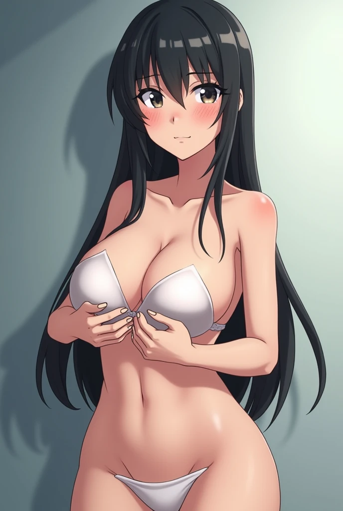 Anime character shows her anal without clothes, the anime character has big breasts and black hair.